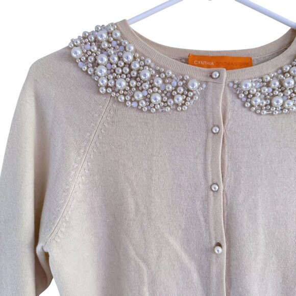Cynthia Cynthia Steffe Womens Cream Cashmere Beaded Faux Pearl Cardigan Size S - Picture 2 of 7